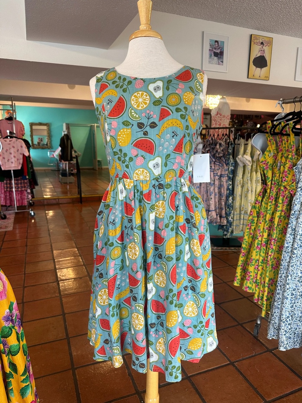 Sleeveless Blue Fruit-Print Midi Dress